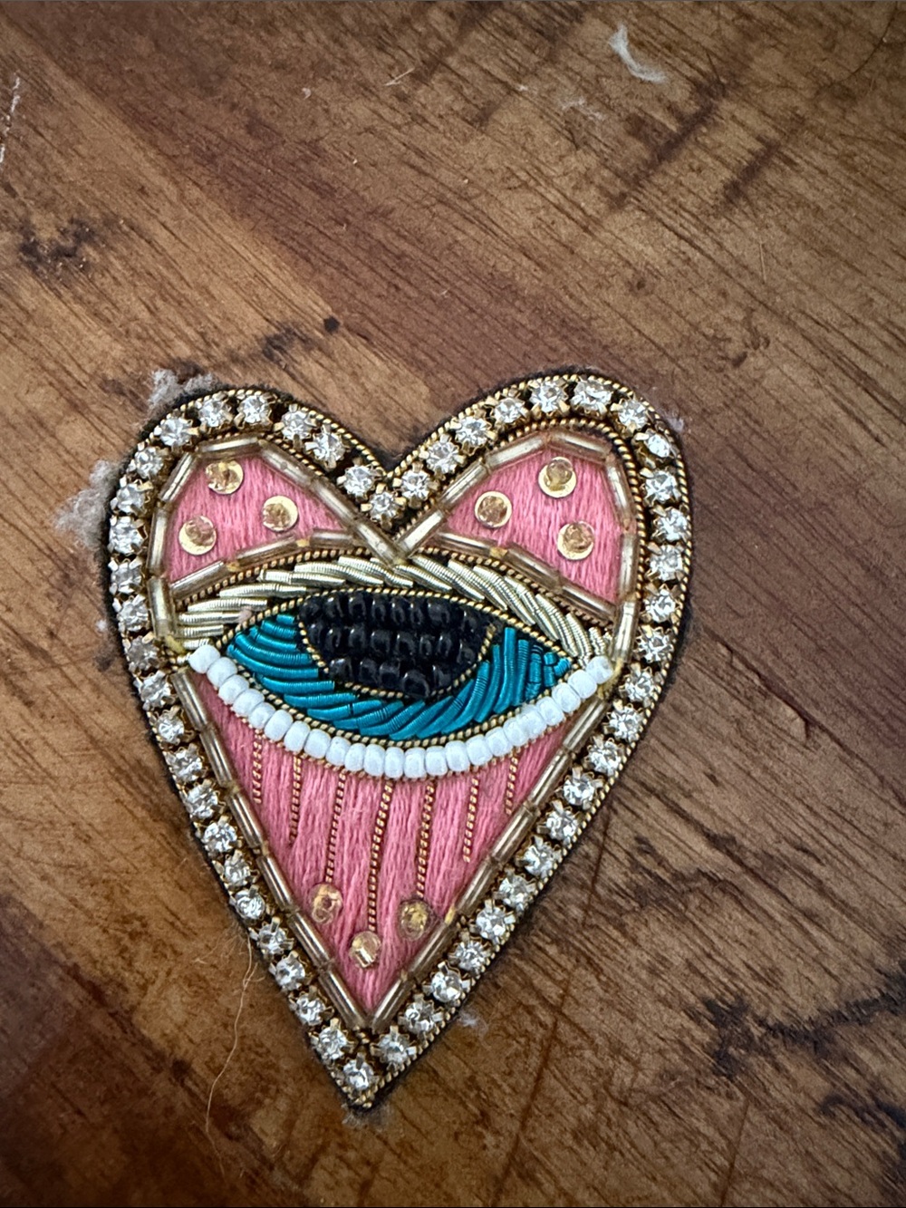 Heart Eye Beaded Brooch - Pink, Turquoise & Gold